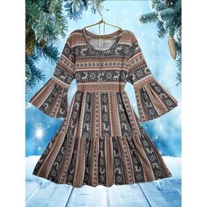 Womens 2XL Cruising Through the Snow Fair Isle Reindeer Bell Sleeve Tiered Dress